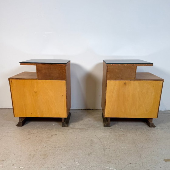 Set of 2 Walnut Burl Nightstands, Jindřich Halabala, Glass, Wood, Brown (photo 7 of 14)