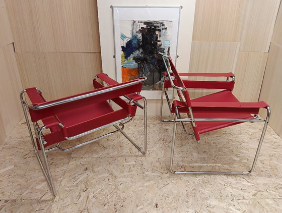 Image 1 of KNOLL Studio Set van 2 WASSILY B3 fauteuils (NIEUW) in rood leer