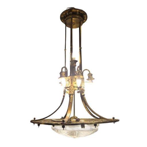 Plafonnier en bronze doré et cristal taillé et dépoli, style Art nouveau, années 1930 - France