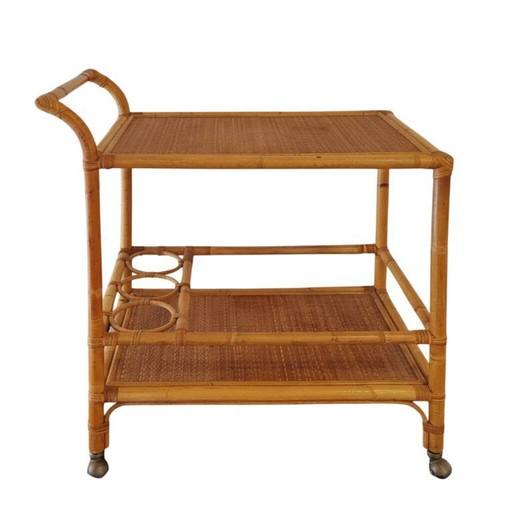 1960s Italian Mid-Century Modern Bamboo & Rattan Bar Cart. Made in Italy