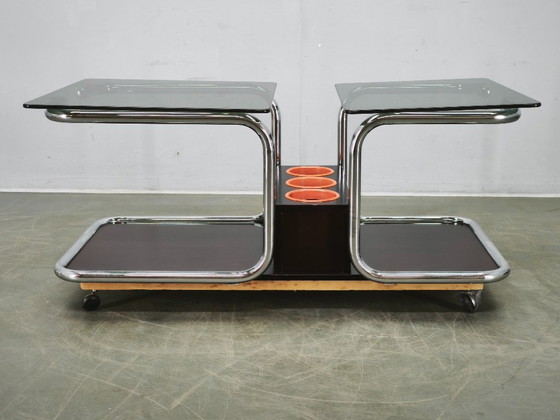 Rare 1970s Space Age Chrome, Smoked Glass and Wood Bar Cart – Metal (photo 10 of 14)