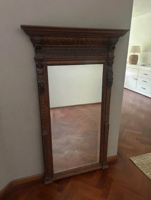 Miroir de Malines ancien à crête - Chêne massif orné de têtes de lion et de verre facetté - 155 x 75 cm, vers (photo 2 of 9)