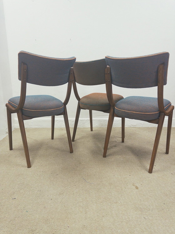 Mid century eetkamerstoelen, Hout, Textiel, Turquoise (foto 5 van 9)