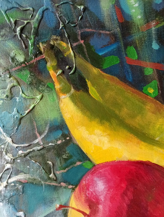 Original Oil Painting Abstract Fruits Banana Pomegranate Still Life – Paintings & Drawings, Canvas (photo 4 of 11)