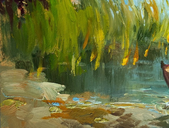 Image 1 of Original Oil Painting Summer River Landscape A boat among the reeds