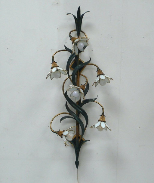 Applique Métal Vert + Shabby Gold, 6 abat-jour en verre à fleurs de Tiffany, style Hollywood Regency Kögl, années 60