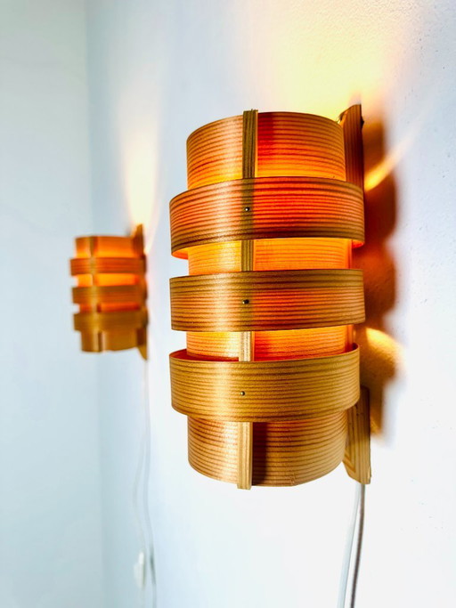 Set of Curved Pine Veneer Wall Lamps by Hans-Agne Jakobsson for Markaryd, Sweden, 1960s – wandlampen, Wood