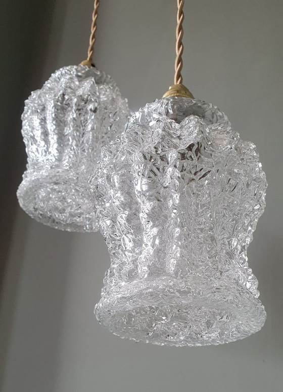 Image 1 of Set Van Twee Vintage Hanglampen Van Dik, Getextureerd Glas