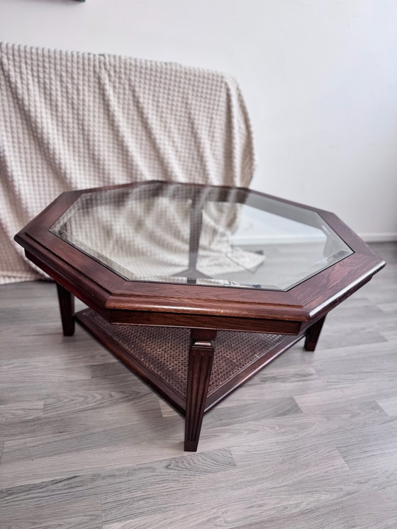 LOTUS tavolino da caffè in ciliegio ottagonale piano vetro e canna intrecciata, Tavolini da caffè, Legno (foto 5 di 12)