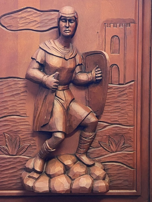 Altes Architektonisches Paneel Massivholz Geschnitzter Mittelalterlicher Ritter Möbel – beeldhouwkunst, Wood (photo 2 of 9)