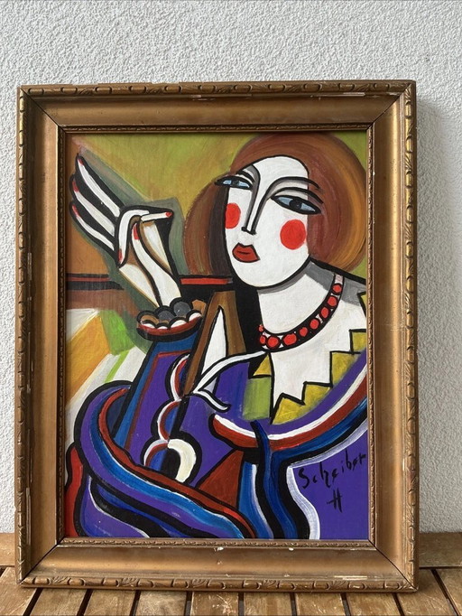 VINTAGE Portrait de style Hugó Scheiber | EXPRESSIONNISTE Cubisme Femme Peinture à l'huile Signée SCHREIBER H