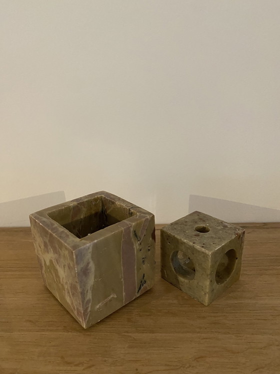 Image 1 of Sturdy vintage marble candlestick in cube shape.