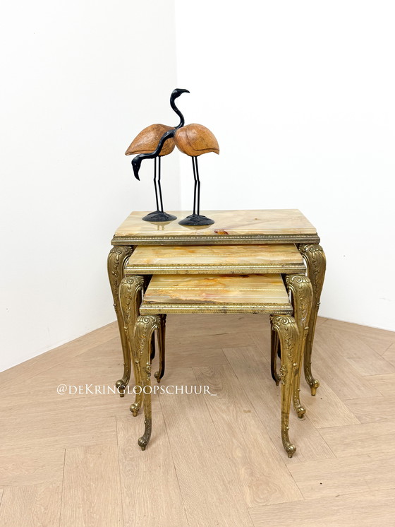 Image 1 of Vintage marble onyx brass nesting box, three side tables