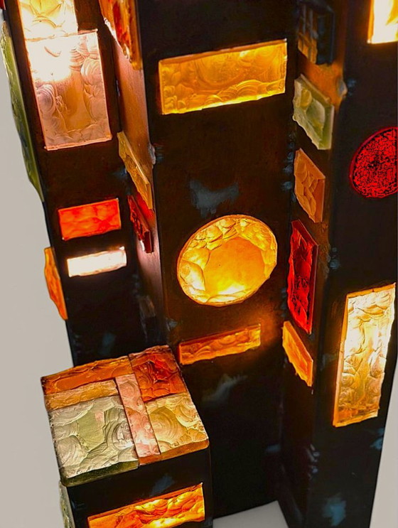 1970s Longobard Floor Lamp – Hammered Glass & Wrought Iron, Italy – Floor lights, Cast Iron (photo 6 of 10)