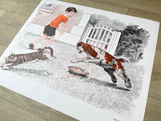 Old French school poster MDI, 1970: Dog, cat / School run – Art Prints, Vintage (photo 8 of 12)