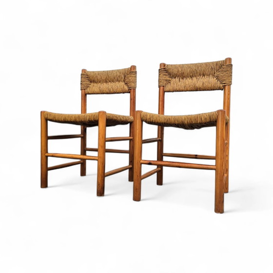 2 x pine wood woven reed dining chairs / France 1950s (photo 16 of 40)