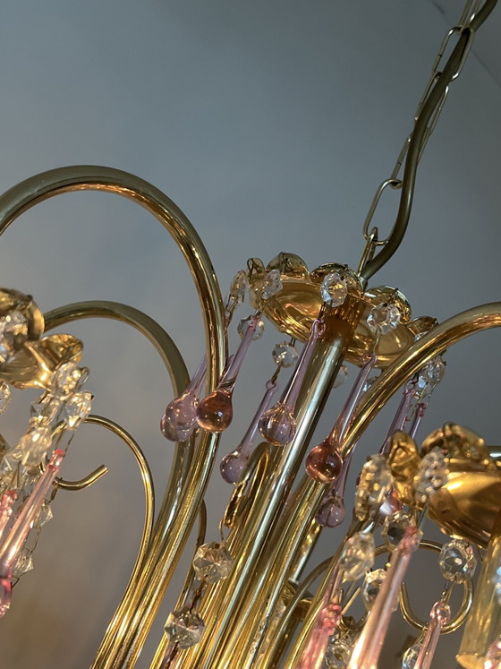 Image 1 of XL Vintage Chandelier Pink Teardrop Pendant Lamp from Murano