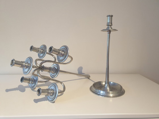 Image 1 of 2 stuks 5-armige zilvertinnen kandelaars
