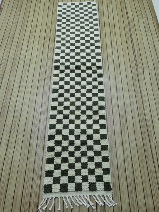 Handmade Moroccan wool rug: 300/70 cm abstract olive green checkered hallway runner