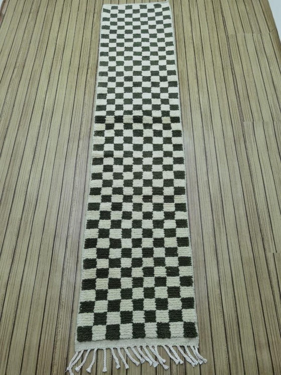 Image 1 of Handmade Moroccan wool rug: 300/70 cm abstract olive green checkered hallway runner