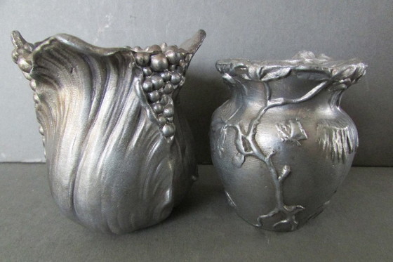 Antique Tin Art Nouveau Vases (Jugendstil), Metal, Brass, Gold (photo 3 of 6)
