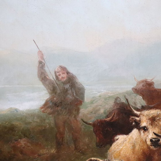Image 1 of Large Oil Painting on Canvas, Herd of Cattle, Signed Watson W. 19th Century