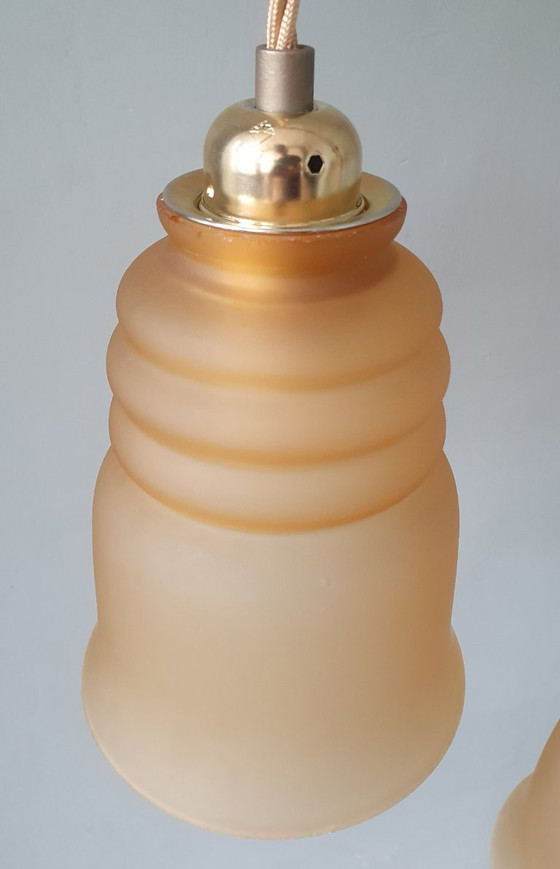 Image 1 of Set Vintage franse hanglampen in klokvorm - gekleurd glas.