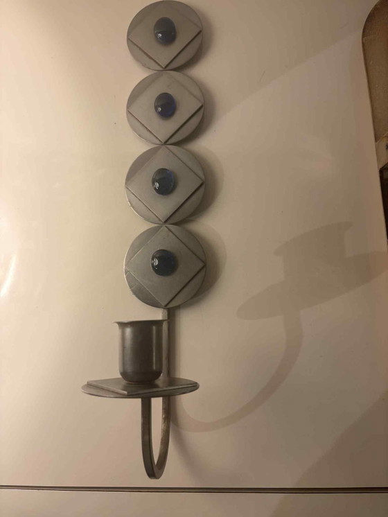 Image 1 of Raro portacandele da parete brutalista/industriale scandinavo con cabochon in vetro blu, Svezia c.1960