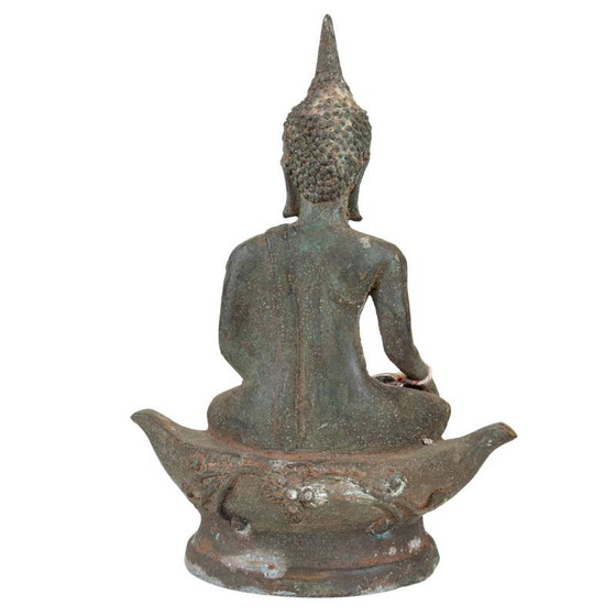 Antieke Thaise Bronzen Boeddha op Lotusvoet – Diepe Patina – Originele Kernvulling – Exportlabel (photo 5 of 14)