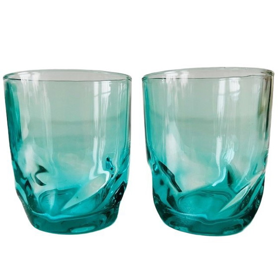 Image 1 of Vintage set 8 gedraaide glazen turquoise blauw Luminarc Arcoroc 1970's