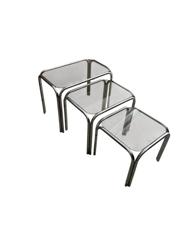 Image 1 of Vintage Chrome Nesting Tables with Smoked Glass | Set of 3 | Space Age Side Tables | 1970s Modernist Design