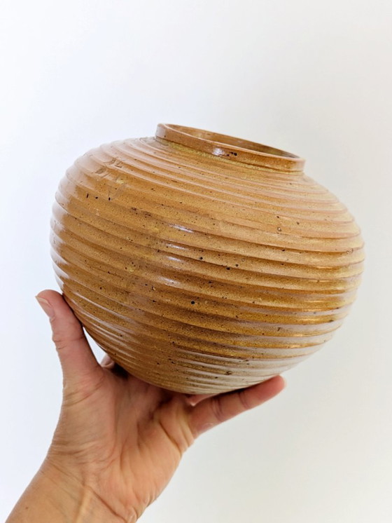 Image 1 of Vintage Studio Pottery Round Vase, Ribbed Golden Ochre Glaze, Artist Signed