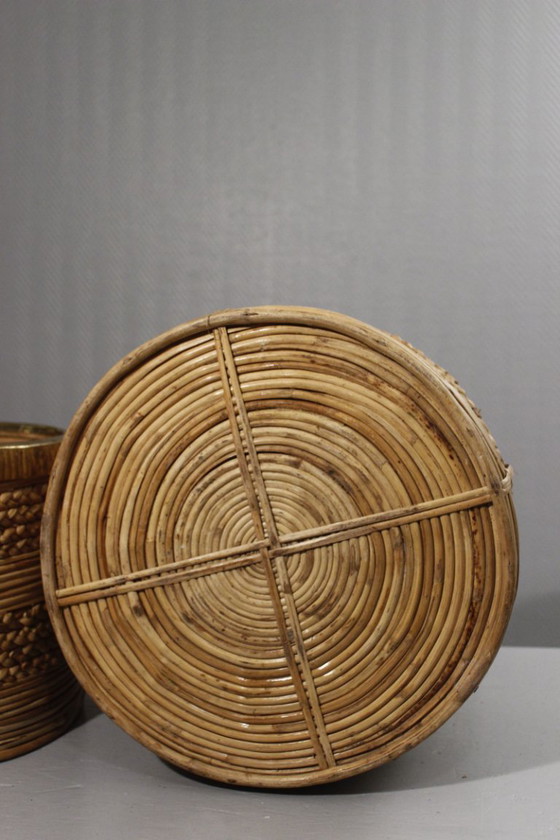 Image 1 of Coppia di grandi fioriere vintage in rattan e ottone disegnate da Gabriella Crespi negli anni '60