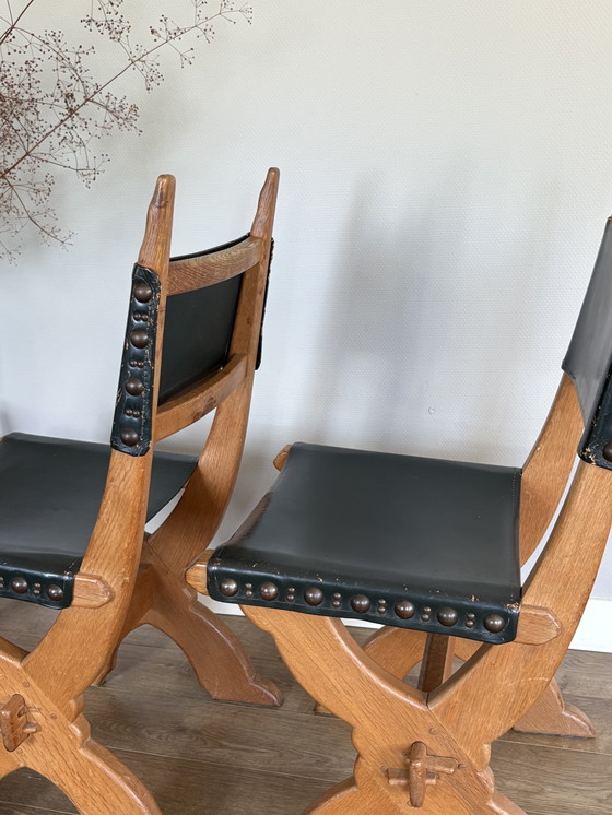 Image 1 of Vintage set of Bram Sprij chairs oak & leather brutalist style