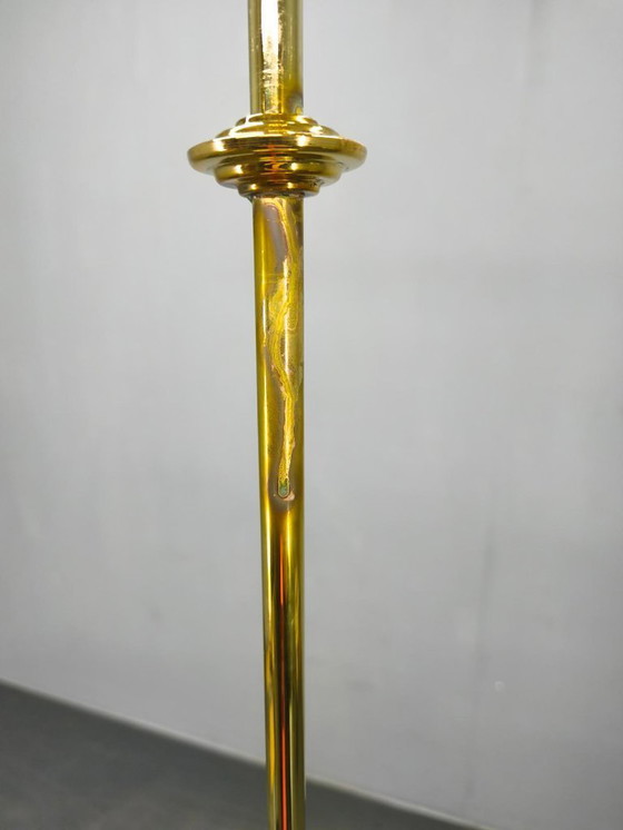 Image 1 of Art Deco Brass Pendant with Geometric Opaline Glass, Czechoslovakia 1930s