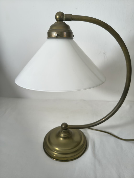 Image 1 of Vintage table lamp with brass look and opal glass shade – Hollywood Regency style