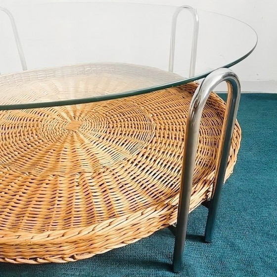 Image 1 of Vintage mid-century retro design salontafel rotan chroom glas riet 1970's