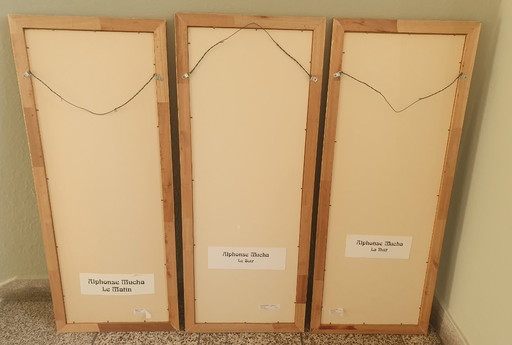 3 framed prints, paintings by Alphonse Mucha, Times of Day, Art Deco