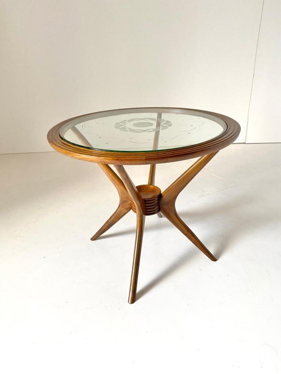 Image 1 of 1x Vintage Round Wood Coffee Tabe with Spider Legs by Paolo Buffa for Brugnoli