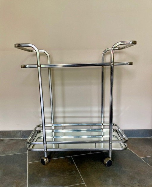 Chariot vintage en chrome et verre, fabriqué par Belgo Chrome