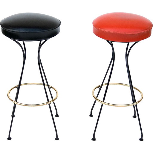 Paire de tabourets de bar vintage en métal et laiton, années 1950