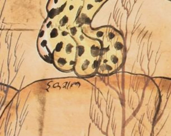 Grande leopardo 184 cm x 118 cm. Tela dipinta a mano dall'India. Unico. – Dipinti e disegni, Cotone (photo 6 of 7)