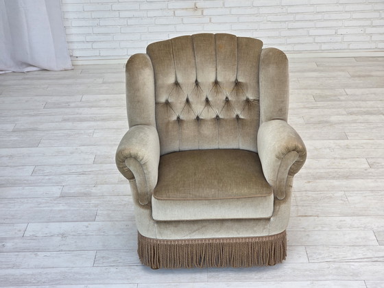 Image 1 of 1970s Danish Armchair, Original Condition, Furniture Velour, Beech Wood