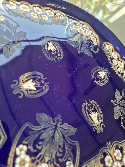 Vintage Französisch Kobaltblau Keramik Serviertablett - Hand Painted Gold & Emaille - 32 cm