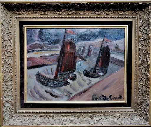 Gustave Franciscus De Smet "Fishing Boats on the River" oil on canvas – schilderijen tekeningen