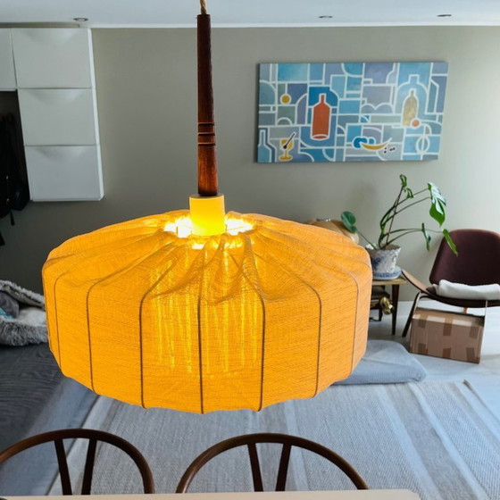 Image 1 of Japandi style wrapped fabric and teak wood hanging lamp shade, Sweden 1950s-60s