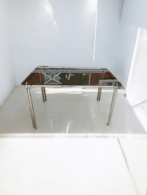 Italian vintage chrome metal dining table smoked glass 1970s