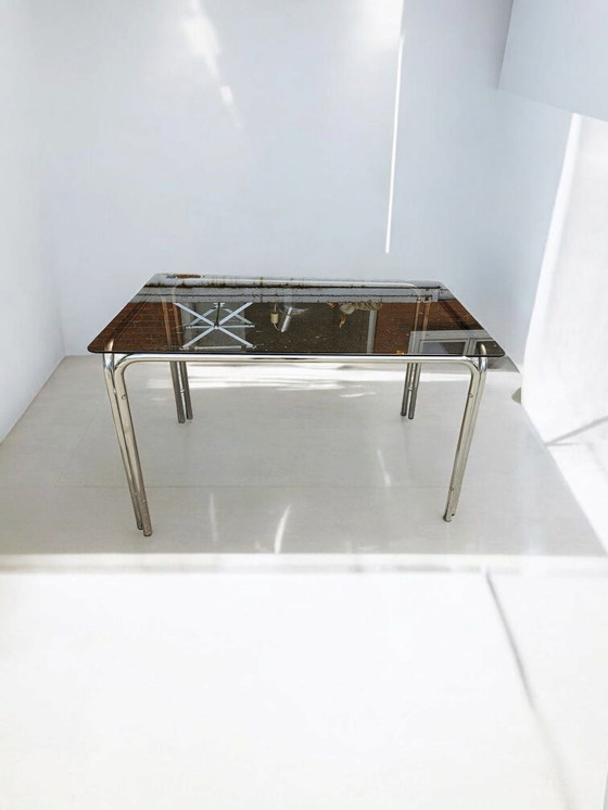Image 1 of Italian vintage chrome metal dining table smoked glass 1970s