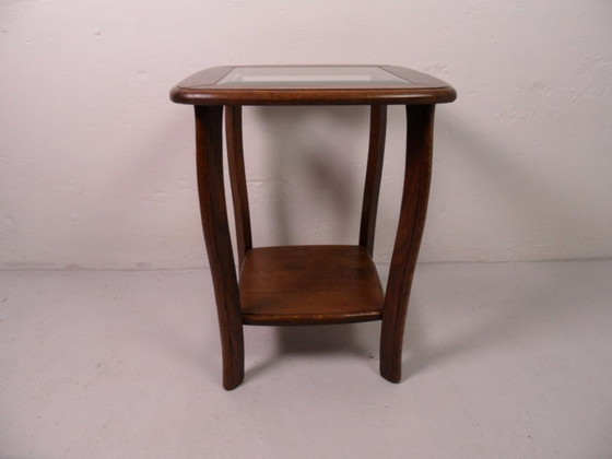 Image 1 of Vintage oak side table with glass 1950s