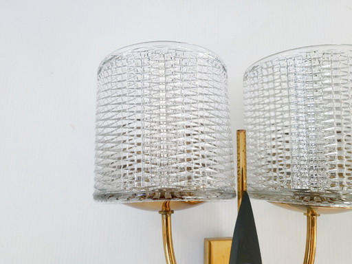 PAIR OF VINTAGE 1950S WALL LIGHTS MAISON ARLUS DLG FELIX AGOSTINI BRASS STEEL GLASS